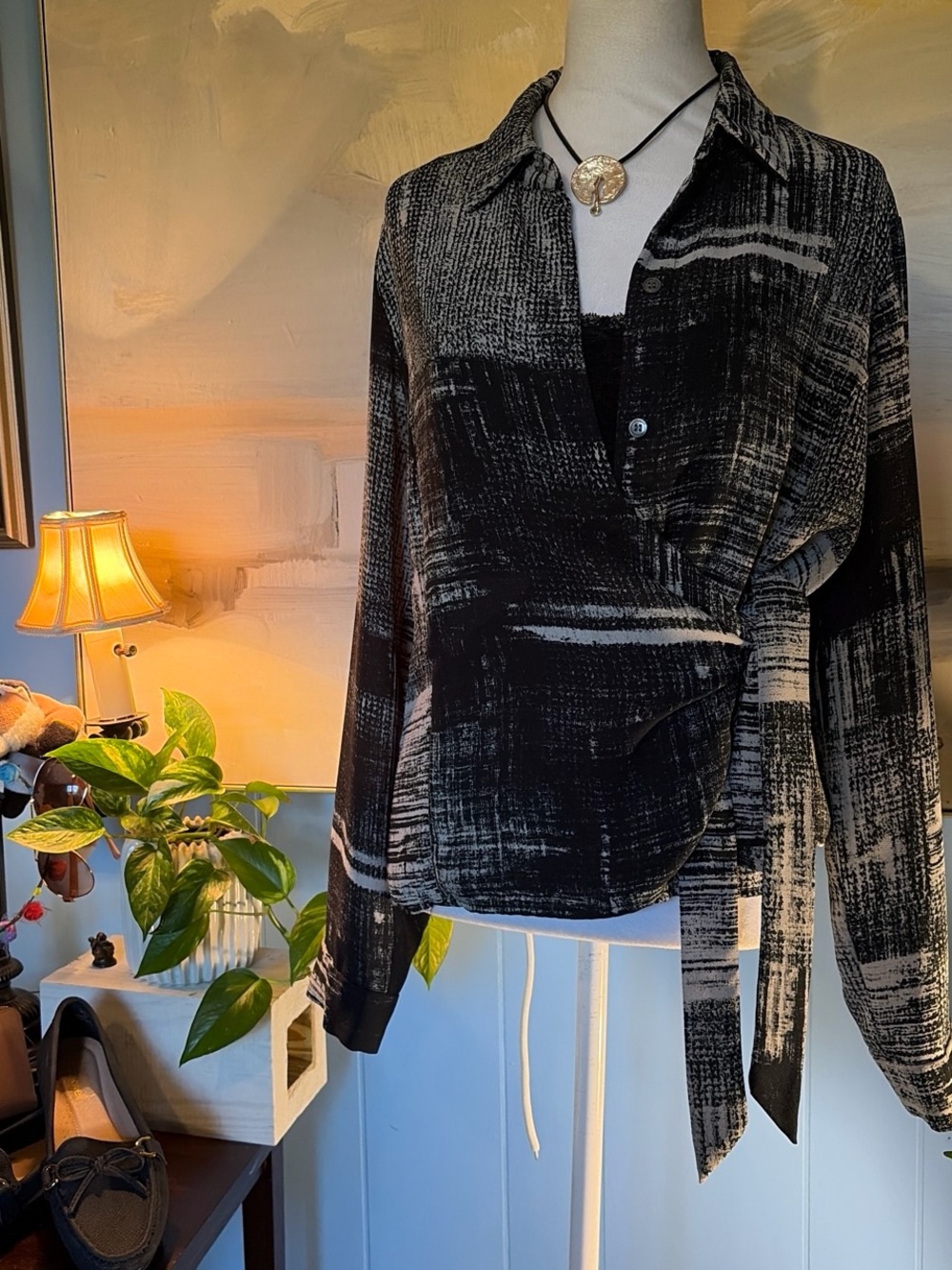 Liz Claiborne Black and White Patterned Button-Down Wrap Blouse